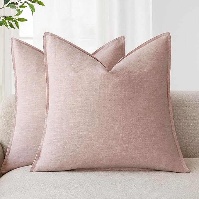 Foindtower Pack of 2, Decorative Linen Solid Throw Pillow Covers Soft Accent Cushion Case Boho Farmhouse Pillowcase for Bed Chair Couch Sofa Bedroom Living Room Home Decor 26 x 26 Inch Light Pink