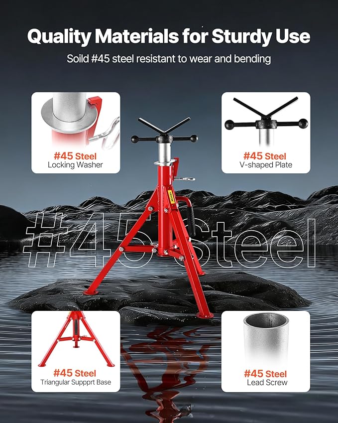 VEVOR V-Head Pipe Stand, 1/8"-12" Capacity, 24"-42" Height Adjustable, Pipe Jack Stands 2500 lbs Load Capacity, Portable Folding Pipe Stands, Durable Carbon Steel Frame