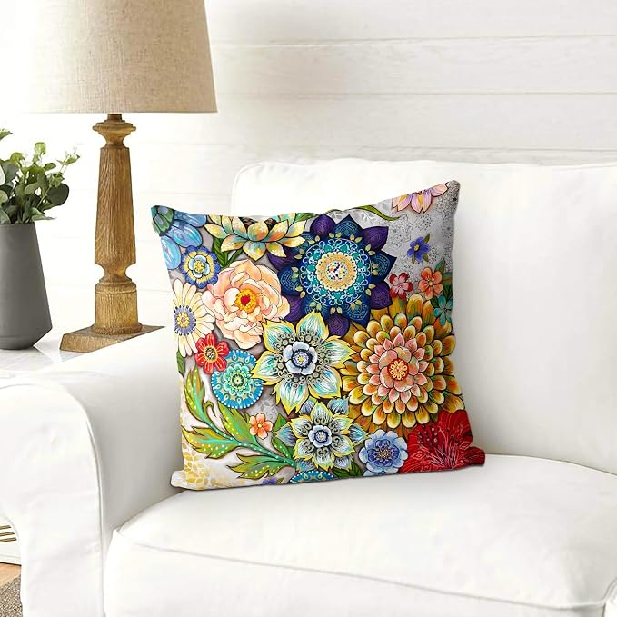 Snycler Boho Floral Throw Pillow Covers Set of 2 Colorful Boho Flower Decorative Cushions Pillowcase for Bedroom Sofa Home Decor, 18x18 Inch, Velvet, Short Plush