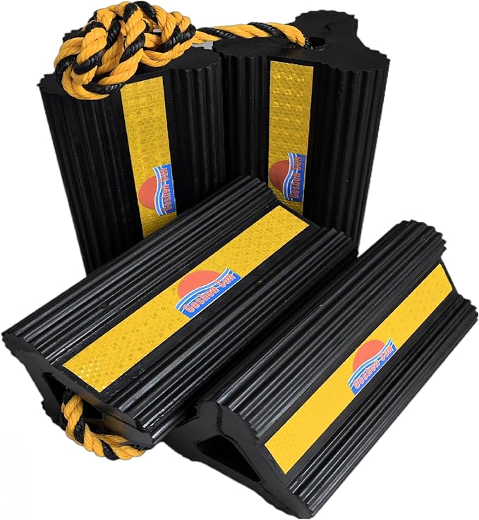 Goshen Sun- Heavy Duty Rubber Wheel Chocks with Reflective Strips,4-Piece (8.25x4.5x4 Inch),All-Weather, Non-Slip,Wear-Resistant & Portable Parking Security for Airplan, RV, Trailer (2-Pair, Yellow)