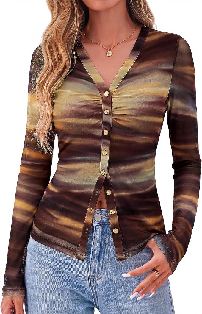 BTFBM Button Down Shirts for Women 2026 Fall Boho Tops V Neck Long Sleeve Blouses Ruched Mesh Fitted Fashion Clothing
