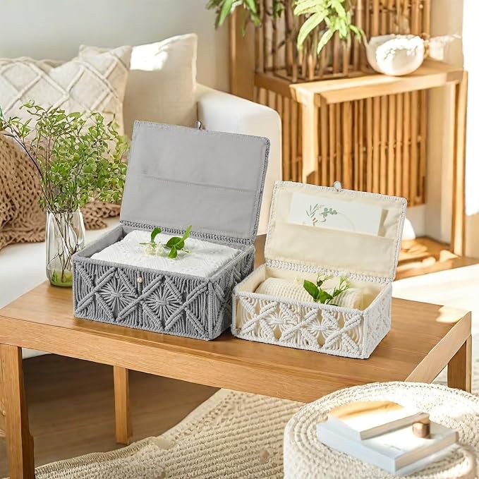 2PCS Decorative Boho Storage Basket with Lid Natural Macrame Box | Handmade Cotton Rope Woven Bins, Shelf Organizer Container for Jewelry Memory Keepsake Photo Makeup, Off White, Small&Large