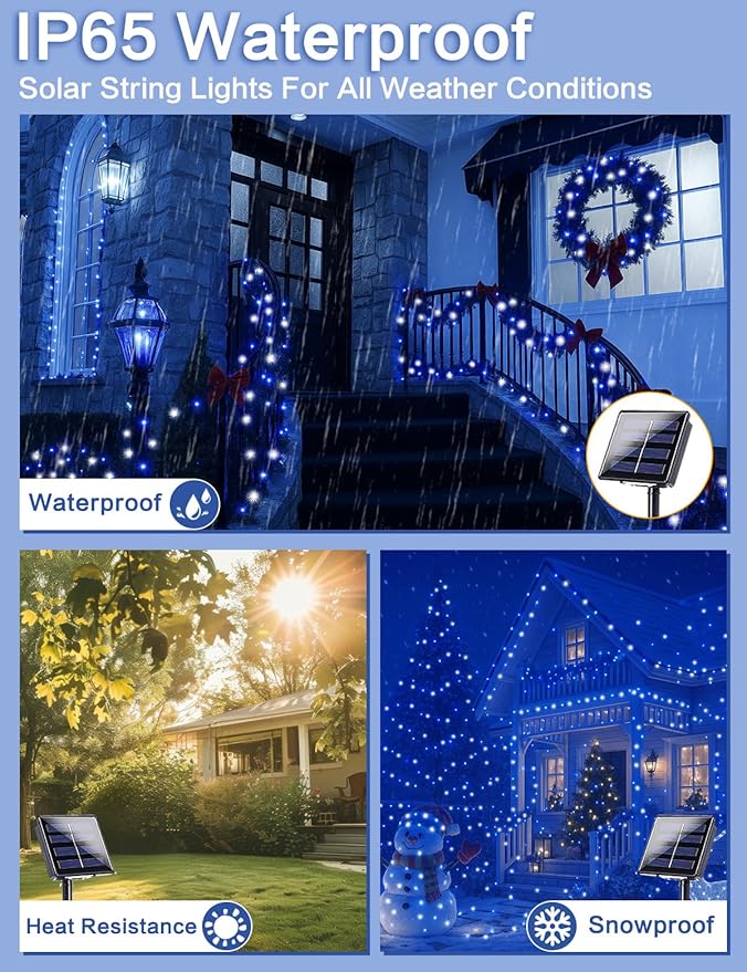 2 Pack Blue and White Solar String Lights Outdoor, 80FT 200 LED Waterproof Silver Wire Fairy Light, 8 Modes Solar Twinkle Light for Christmas Wedding New Year Independence Day Patio Fence Tree Decor