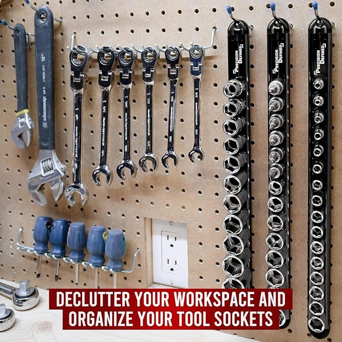 Precision Defined Aluminum Tool Socket Holder 3-Piece Set | Black, 1/4-Inch x 16 Clips, 3/8-Inch x 16 Clips, 1/2-Inch x 14 Clips | 360 Rotation - Heavy Duty Socket Rails Organizer, Socket Storage