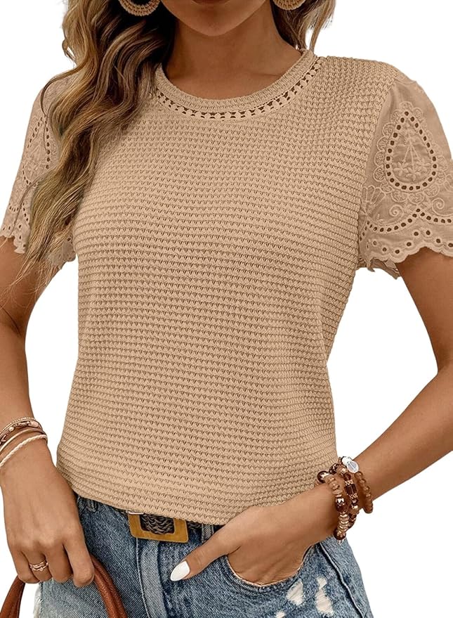 SHEWIN Womens Frenchy Summer Tops Crewneck Short Sleeve T Shirts Casual Waffle Knit Jacquard Blouses Top Shirts