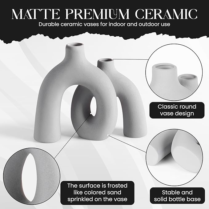 Ceramic Hug Vase (Soft Gray) Modern Donut Style Hugging Vases for Flowers Minimalist Decor – Hollow Ceramic Waterproof Home Decor Vases for Living Room, Bed Room, Book Shelf, Entryway Table.