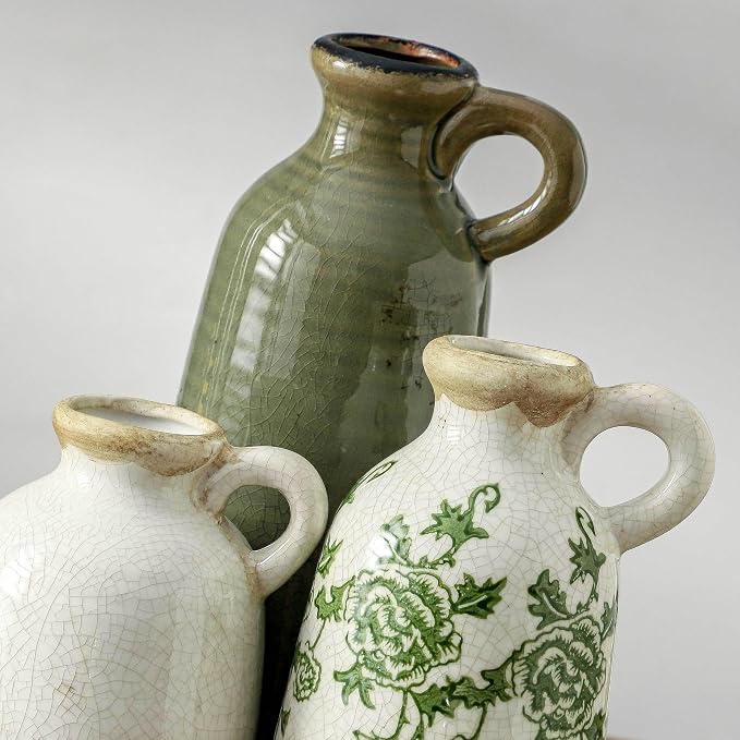 Vintage Vase Set of 3 with Handle, Ceramic Vintage Rustic Vases Home Decor Farmhouse Decorative Vase Pottery Decor Modern for Table Mantel Entryway Bookshelf Living Room Kitchen Bedroom - Green