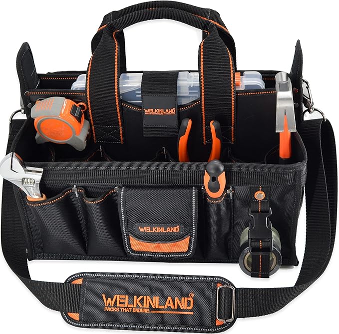 WELKINLAND 19-POCKETS Tool tote, HVAC tool bags organizer, Heavy-Duty electrician tools bag, Tool tote bag w/socket organizer tool boxes, Stay-Up maintenance tools bags