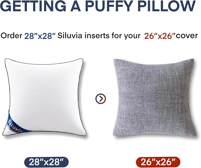 Siluvia 28x28 Down Alternative Pillow Insert 2 Pack, 100% Cotton Cover | 100% Premium Polyester Fill, Fluffy & Soft with Comfy Support - White Decorative Cushion Inserts for Couch, Sofa & Bed