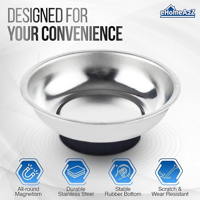 EHOMEA2Z Magnetic Bowl For Screws (4Pc),Magnetic Bowls For Holding Nuts and Bolts, Small Parts,Pins,Tools,Plate,Dish,Set,Tray,Round 6")