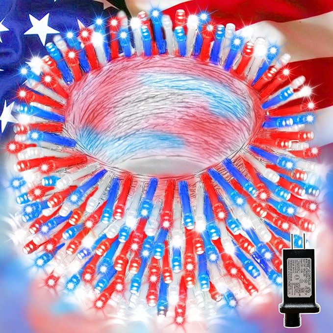 LAMPHOME Red White and Blue Patriotic String Lights, 66ft 200LED 4th of July Lights Plug in, 16 Modes LED Lights Outdoor String Lights for Independence Day Memorial Day Patriotic Holidays Decor