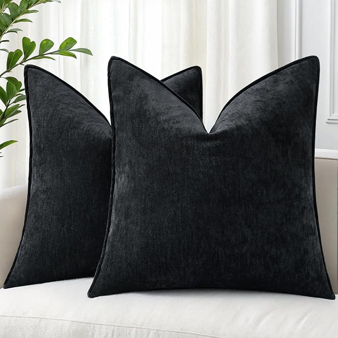 decorUhome Chenille Black Velvet Throw Pillow Covers 18x18 Set of 2 | Fall Soft Couch Decorative Modern Farmhouse Pillow Cases with Elegant Design for Sofa Bed Living Room Home Decor