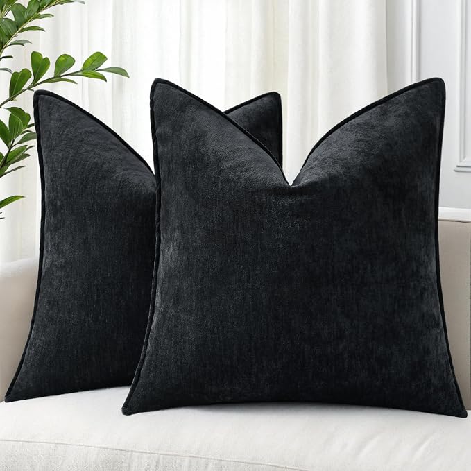 decorUhome Chenille Black Velvet Throw Pillow Covers 16x16 Set of 2 | Fall Soft Couch Decorative Modern Farmhouse Pillow Cases with Elegant Design for Sofa Bed Living Room Home Decor