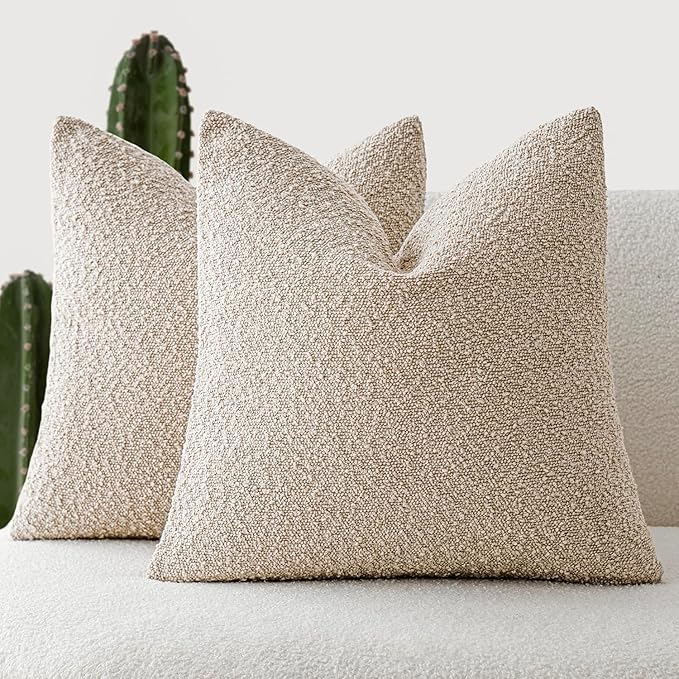 Foindtower Pack of 2 Textured Boucle Throw Pillow Covers Accent Solid Pillow Cases Cozy Soft Decorative Couch Cushion Case for Chair Sofa Bedroom Living Room Home Decor, 18 x 18 Inch,Oatmeal