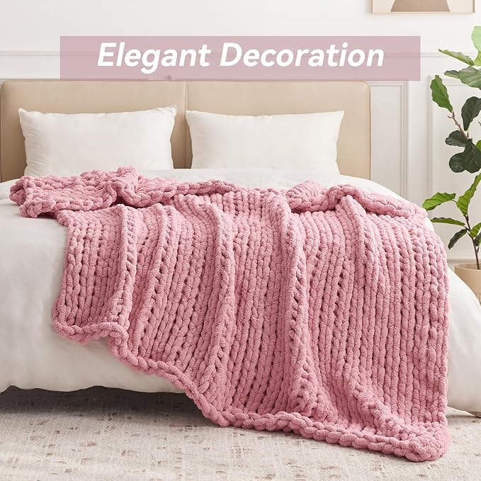 Negwoo Chunky Knit Throw Blanket, Knitted Throw Chenille Yarn, 60"*80" | Soft Thick Cable Knitted Blankets, Handmade Big Thick Blanket, Machine Washable Cute Comfy Blanket for Home Decor, Light pink