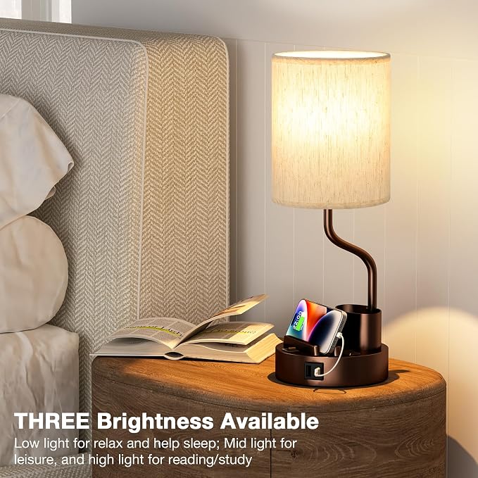 Fenmzee Bedside Lamps for Bedroom Set of 2 - Table Desk Lamp for Nightstand | 15" Table Lamp for Living Room with Pen Holder & Phone Stand, USB A+C Port, AC Outlet, 3 Color Temperature, LED Bulb Included