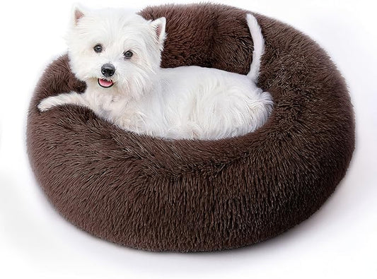 Calming Dog Bed & Cat Bed with Anti-Slip Bottom, Medium Size Washable Anti-Anxiety Donut Dog Beds for Small Dogs & Cats, Fluffy Plush Cozy Round Dogs Bed(24 Inch, Dark Brown)