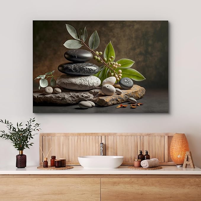 wall26 Canvas Print Wall Art Zen Massage Stone Pebble Bamboo Leaf Nature Wilderness Photography Realism Modern Art Decorative Multicolor Rustic Minimal Relax/Calm/Cozy Colorful for Bedroom - 12"x18"