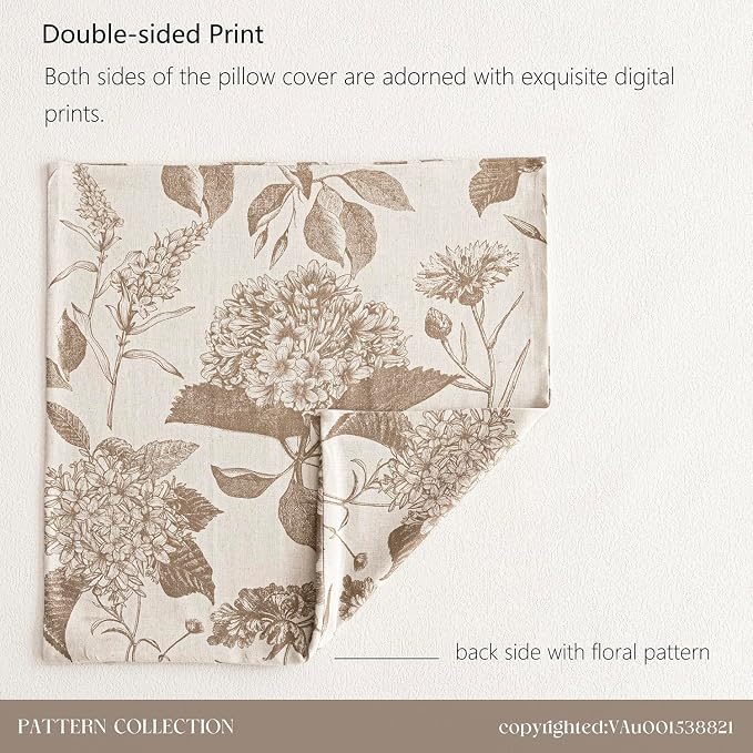 Foindtower Set of 2 Linen Floral Throw Pillow Covers Neutral Vintage Print Decorative Cushion Covers Farmhouse Boho Home Decor for Sofa Chair Couch Bedroom Living Room,24×24 Inch,Light Brown
