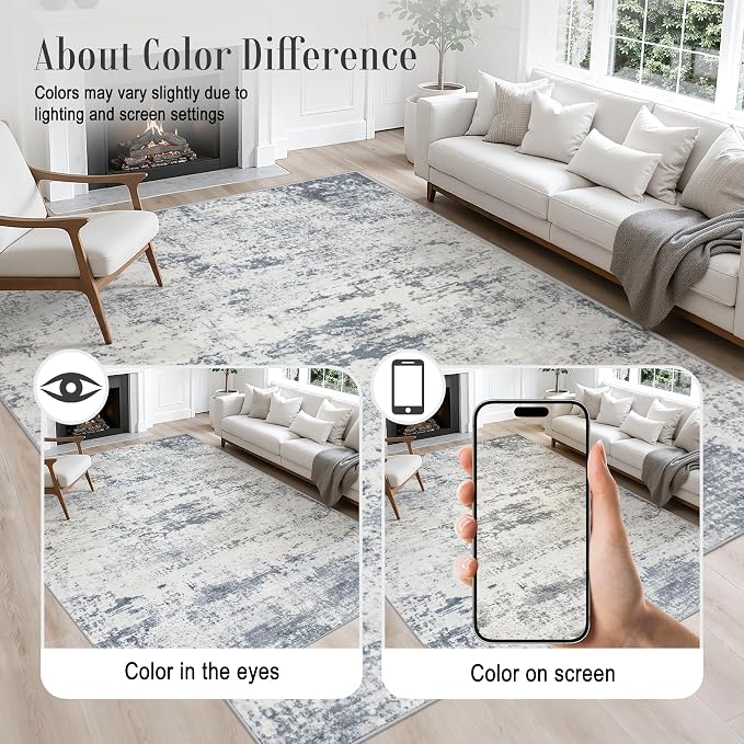 10x12 Area Rug Living Room Rug: Washable Modern Abstract Soft Thin Rug Indoor Floor No Slip Carpet for Bedroom Dining Room Farmhouse Nursery Home Office - Blue Grey