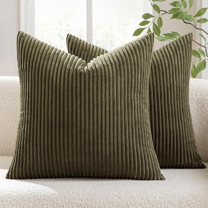 MIULEE Decorative Corduroy Throw Pillow Covers Set of 2 18x18 Olive Green | Soft Striped Textured Cushion Cases, Boho Natural Greenery Pillowcases for Home Decor, for Couch Chair Sofa Bed Living Room
