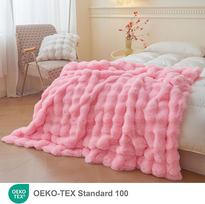 LIFEREVO Luxury Fluffy Faux Rabbit Fur Throw Blanket 50x60, Pink | Plush Shaggy Bubble Blanket for Bed Couch Sofa Office, Decorative Soft Cute Furry Lap Throw for Kids Teens Adults, Washable