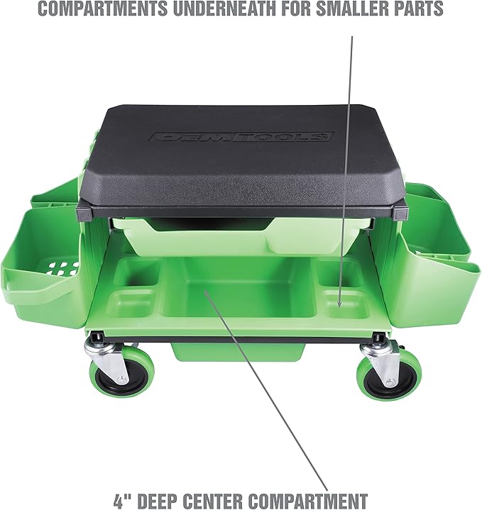 OEMTOOLS Sidekick Rolling Mechanic Stool – 5 Tool Trays, Cushioned Seat, 330 lb Capacity (Green)