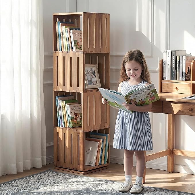 Wooden Rotating Bookshelf, 360°Spinning Deep-Bin Tower for Art Books&Large Formats, Solid Wood Revolving Bookcase, Floor Standing Storage Rack,Corner Organizer,Small Space,study,Office, 5-Tier