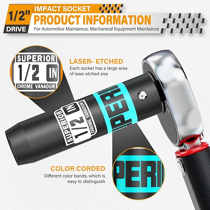 1/2" Drive Impact Socket, 1/2 inch Deep Socket, SAE, 6 Point, CR-V, for Car Repair, Loosen the Fastening Nut