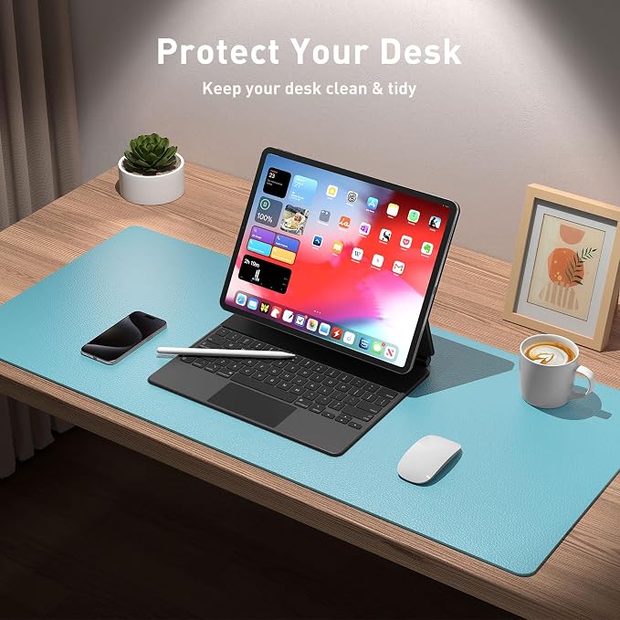 Aothia Large PU Leather Desk Pad Protector – Non-Slip Mouse Pad & Writing Mat for Office/Home, Waterproof, Easy to Clean (48" x 17", Blue Topaz)
