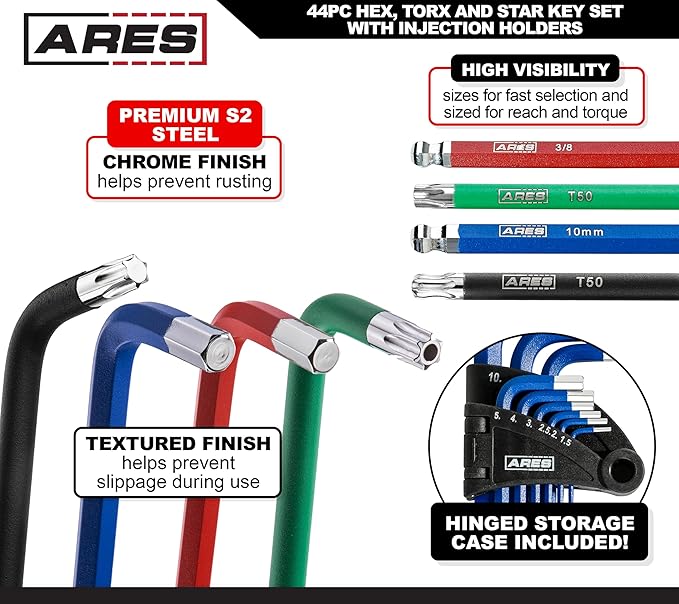 ARES 44036 – 44-Piece Hex Key Set – Combo Key Wrench Set Includes SAE, Metric, Torx, and Torx Ball End Wrenches – High Visibility Anti-Slip Coating – Storage Cases Included