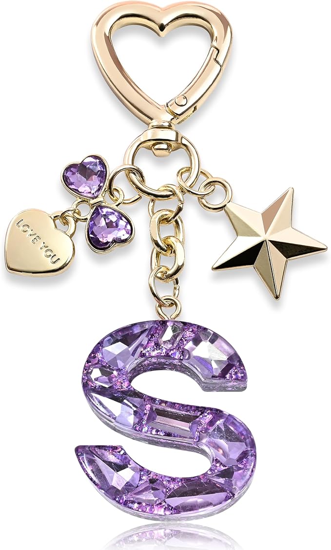 Cute Bling Keychain initial Letter Butterfly Star Pink Purple Gift for Women Girls Bag Cup Charms Accessories