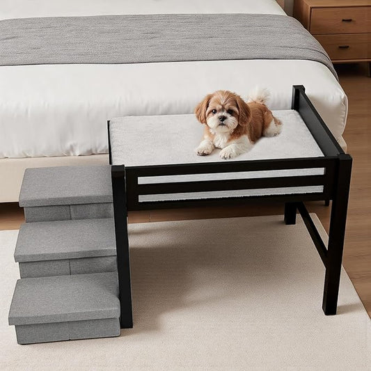 Bedside Dog Bed with Mattress - Raised Wooden Pet Cosleeper with Guardrail, Removable Mattress & 3-Step Foldable Stairs, Freestanding Bassinet-Style Elevated Dog Bed for Medium Sized Dogs