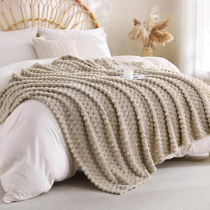 Beige Fleece Throw Blanket 50”×60” for Couch Sofa Bed | Super Soft Cozy Plush Microfiber Flannel Blanket with 3D Jacquard Decorative Lightweight for Mom Woman