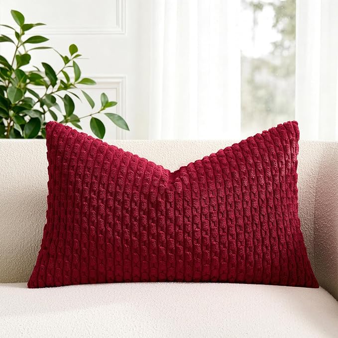 Kevin Textile Soft Corduroy 12"x24" Lumbar Pillow Cover 1 Pack, Burgundy | Boho Stripe Plush Corduroy Decorative Oblong Cushion Cover Modern Farmhouse Home Decor for Sofa Couch Bed Chair