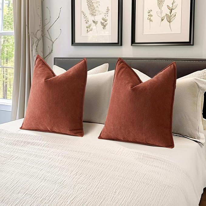 MIULEE Pack of 2 Fall Rust Decorative Chenille Pillow Covers 20x20 Inch | Soft Couch Throw Pillows,Farmhouse Cushion Covers with Elegant Design for Sofa,Bedroom,Living Room,Spring Home Decor