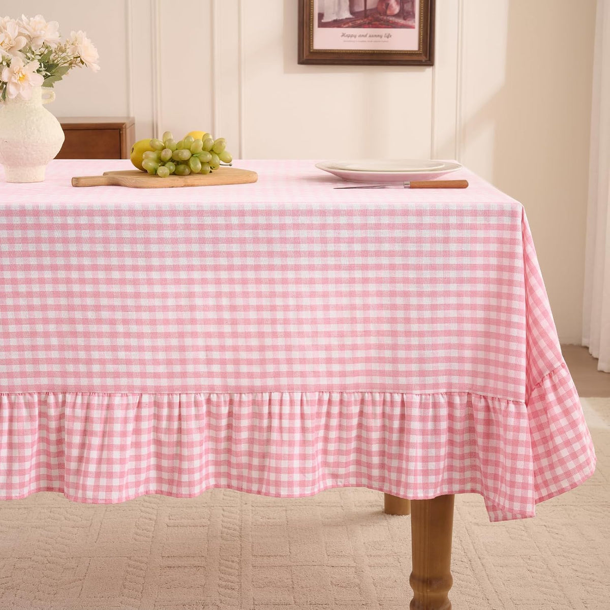 Romanstile Gingham Ruffled Tablecloth Rectangle - Waterproof Linen Cotton Checkered Table Cloth, Outdoor Plaid Table Cover for Picnic, Camping, Party - 60 x 120 Inch, Pink