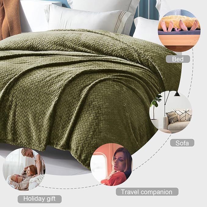 Exclusivo Mezcla Soft Fleece Bed Blanket Queen Size, 90”x90”, Olive Green | Cozy Fluffy Lightweight Blankets for Summer, Decorative Plush Flannel Throws for Living room, Bedroom with Leaves Pattern