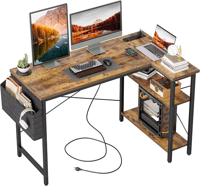 TIQLAB L Shaped Computer Desk with Power Outlets, 47 Inch Small Corner Desk with Reversible Shelves, Gaming Desk Computer Table Study Writing Desk for Home Office Small Space, Rustic Brown