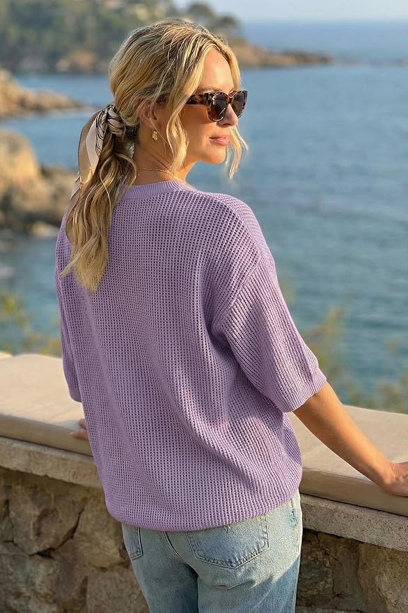 Arach&Cloz Womens Summer 100% Cotton Oversized Crochet Tops 3/4 Length Sleeve Sweater Hollow Out Casual Blouses 2026