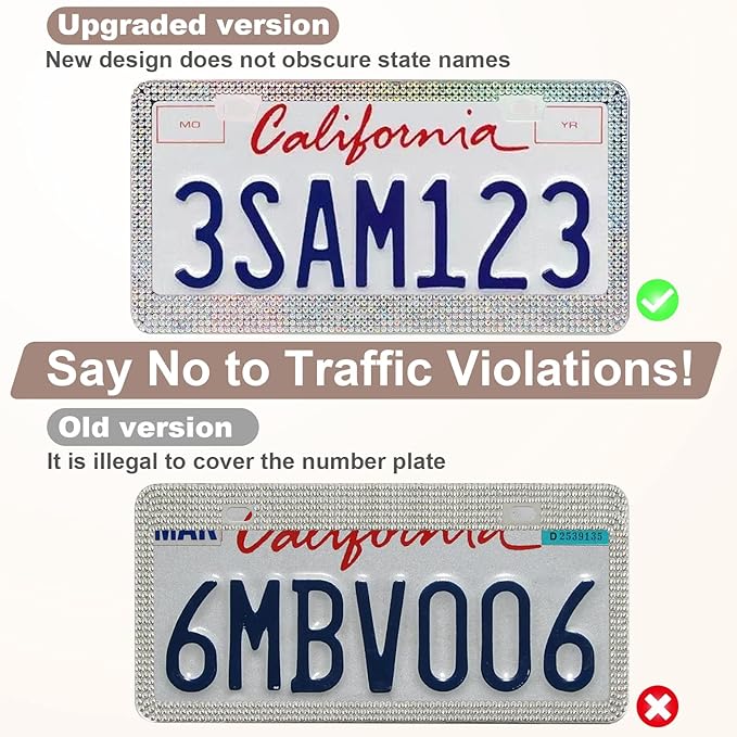 QUANQIUFEI 2 Pack Bling License Plate Frames for Women, Sparkly Rhinestone Diamond Car Accessories with Glitter Crystal Caps (Colorful)