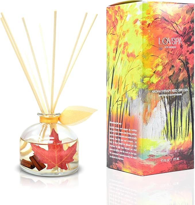 LOVSPA Reed Diffuser Set, Spiced Caramel Vanilla Scented Oil Diffuser with Sticks, Home Fragrance Accessories for Bathroom Shelf Decor, Aroma Diffusers for Home or Office Fall Decor, USA Made