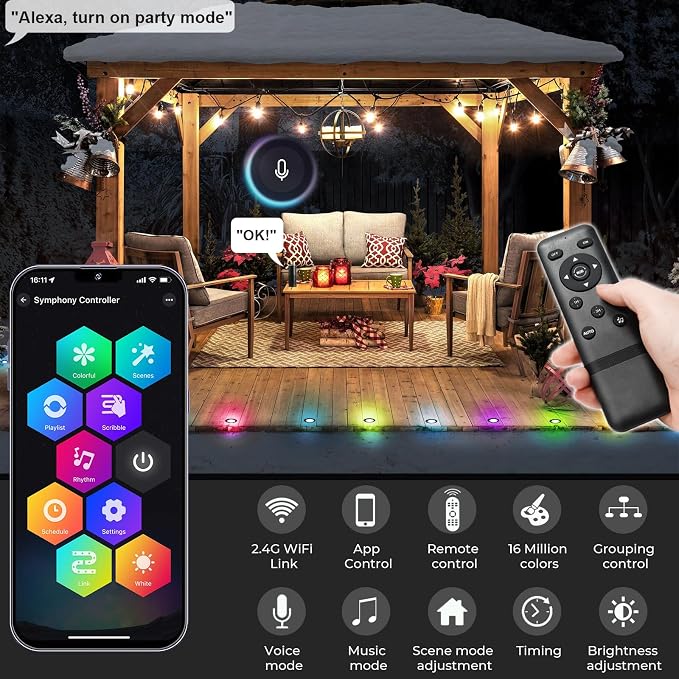 Sumaote Recessed Smart Deck Lights Kit, 10 Pack Ø 1.77" RGBW+IC Multicolor Dynamic Low Voltage Landscape Lights IP67 Waterproof Outdoor for Garden Yard Path Ground Stairs