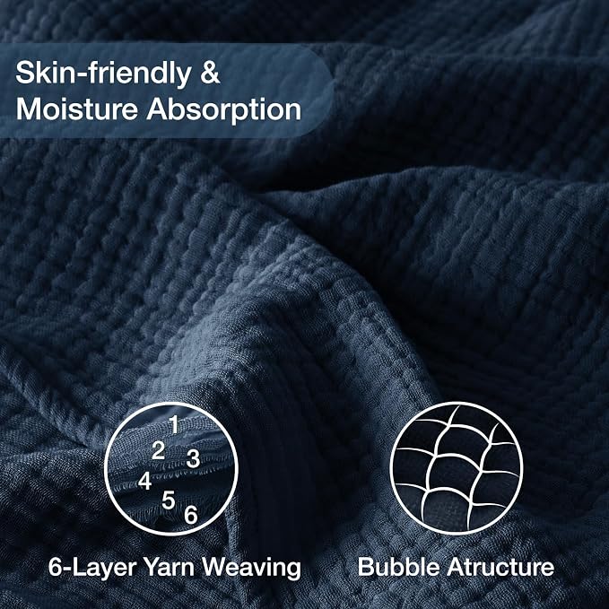 100% Cotton Muslin Blanket King 108" x 90", 6 Layers Breathable and Lightweight Cotton Throw Blanket for Bed, Soft Quilt Bedspread Coverlet, Gauze Blanket for Adults All Season, Navy