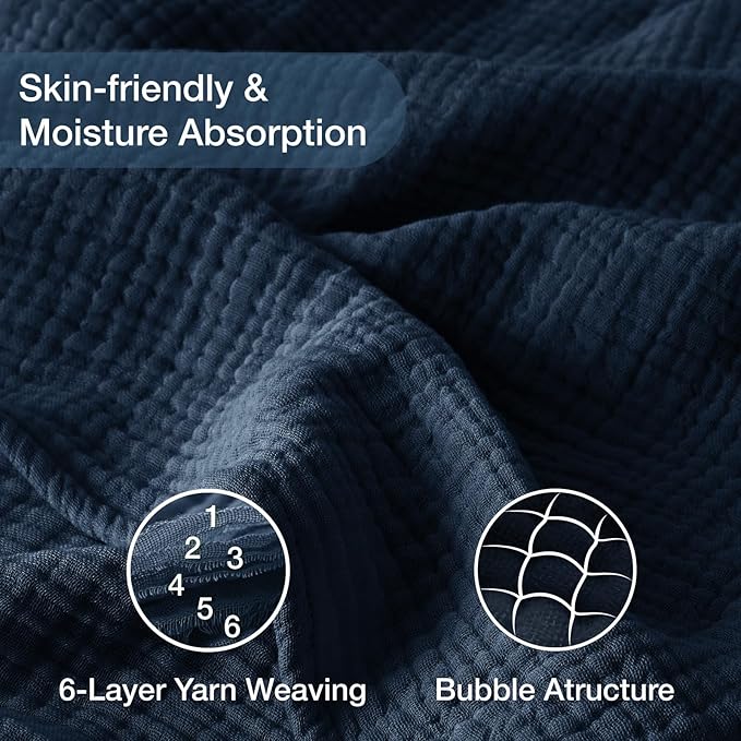 100% Cotton Muslin Blanket California King 120" x 90", 6 Layers Breathable and Lightweight Oversized Blankets for Bed, Soft Cooling Gauze Blanket for Adults All Season, Navy