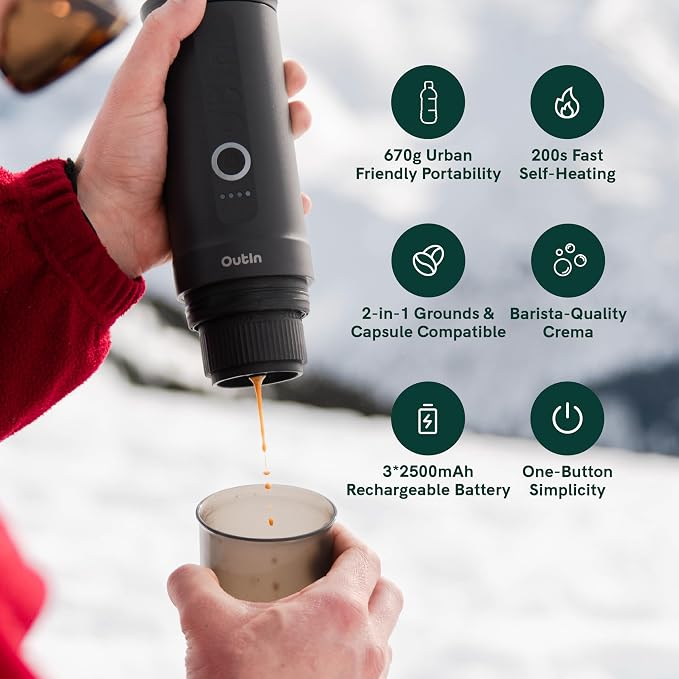 OutIn Nano Portable Electric Espresso Machine, Travel Coffee Maker | Self-Heating USB-C Car Coffee Maker for Ground Coffee & NS Capsules, Ideal for Camping, RV, Hiking and Office, Forest Green