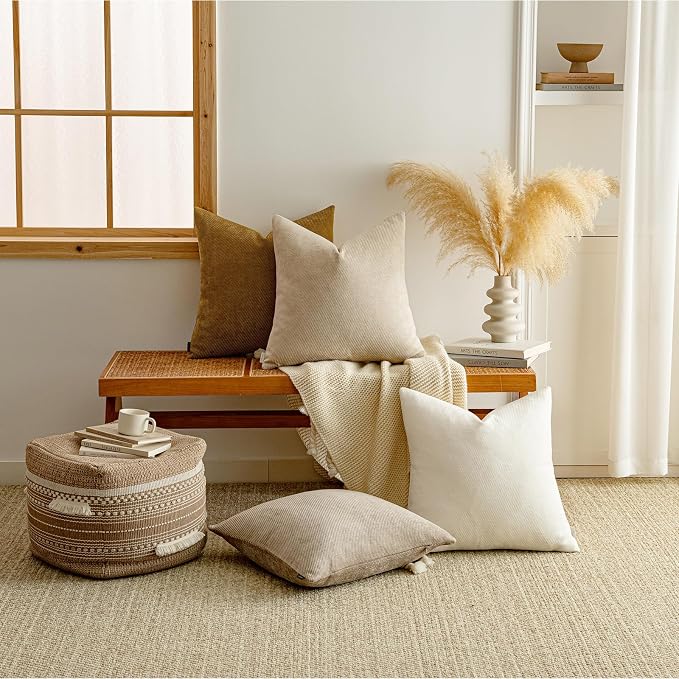 Fall Decorative Throw Pillow Covers Pack of 2,16x16 Inch Warm Brown | Twill Chenille Cushion Covers for Sofa Living Room Couch Bed