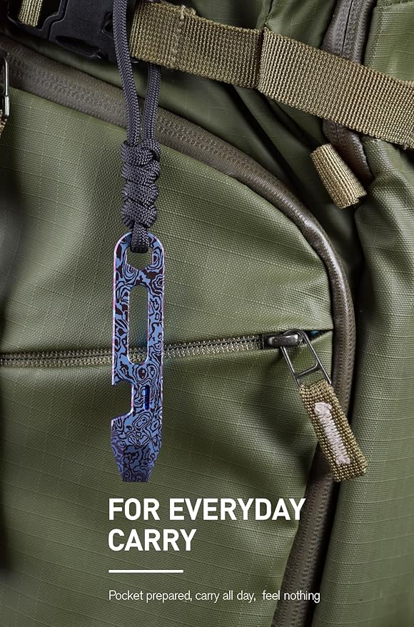 KEEPO LINK Titanium EDC Pry Bar Multitool, 4-in-1 Keychain Prybar Tool with Bottle Opener, Hex Wrench & 5cm Ruler, Ultra-Light Pocket Pry Tool for Everyday Carry & Outdoor, OLT03 (Damascus Purple)
