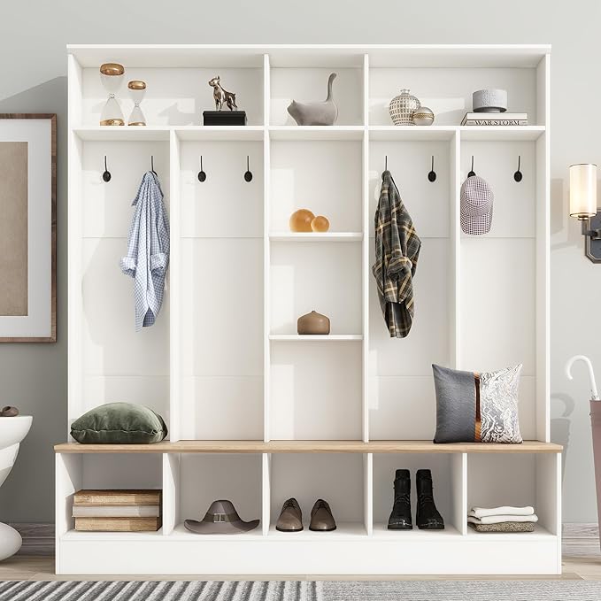 Modern Hall Tree with Storage Bench, Minimalist Shoe Cabinet with Cube Storage & Shelves, Multifunctional Coat Rack with 8 Hooks for Entryways Mudroom Hallway (White + Particle Board-Q13)