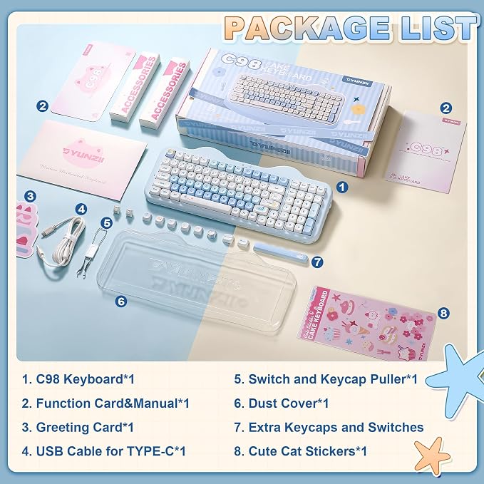 YUNZII C98 Cute Cake Wireless Mechanical Keyboard(Blue, Candy Switch) | 99 Keys with Number Pad, Hot Swap, PBT MOA Keycaps, BT5.0/2.4G/USB-C, Gasket Mount, Custom RGB Backlit for Win/Mac